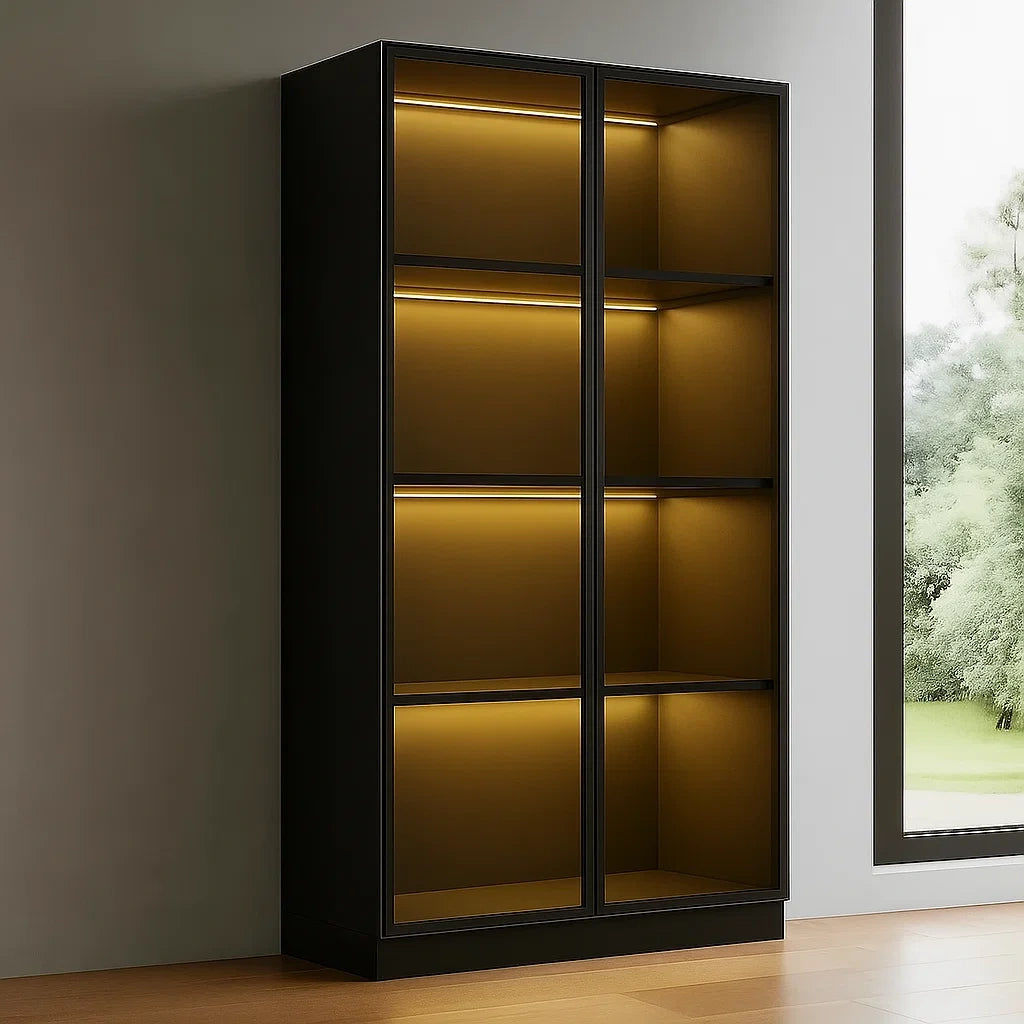 Vitrine,noir,verre trempé et bois,pour salon,80x30x180 cm