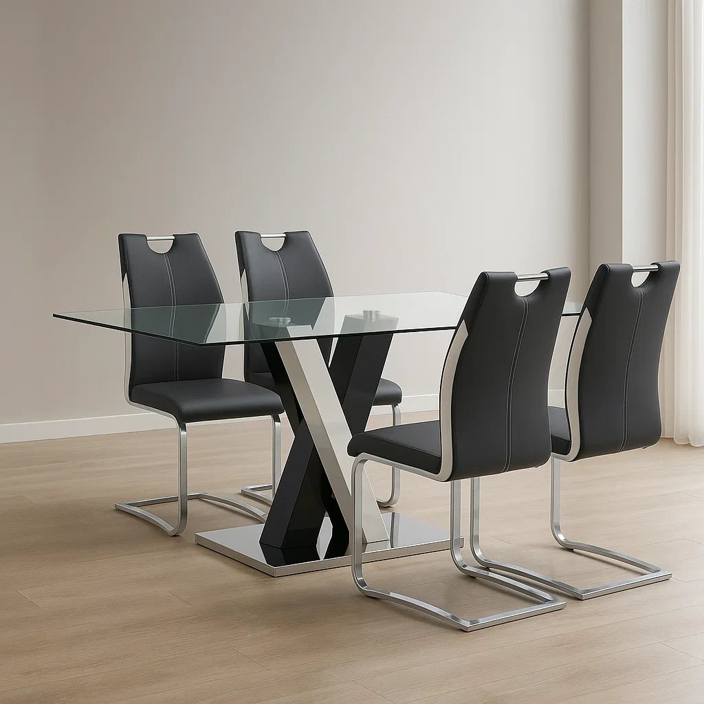 Ensemble table et chaise,verre trempé et métal,fourni avec 1 table à manger et 4 chaises,usage intérieur