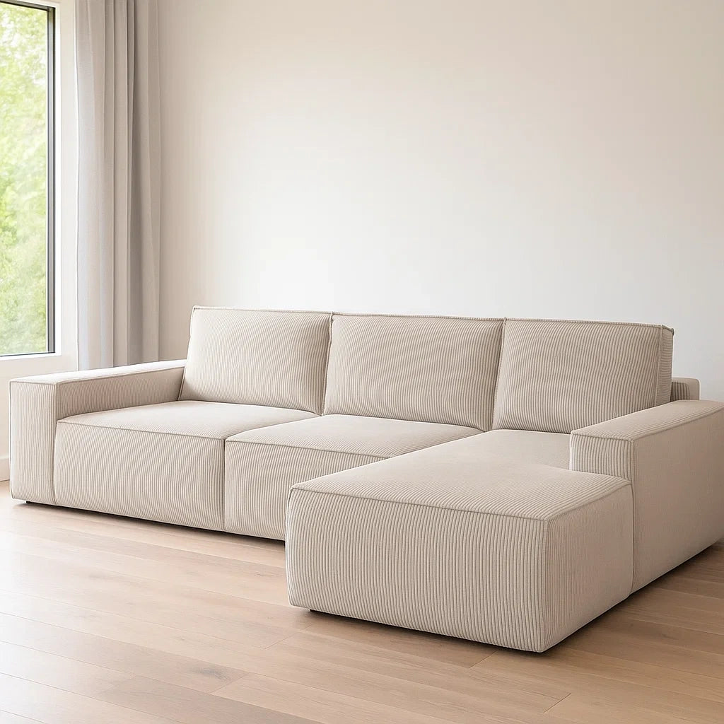 Canapé d'angle de salon,beige,polyester et bois,usage intérieur,358x167x85 cm